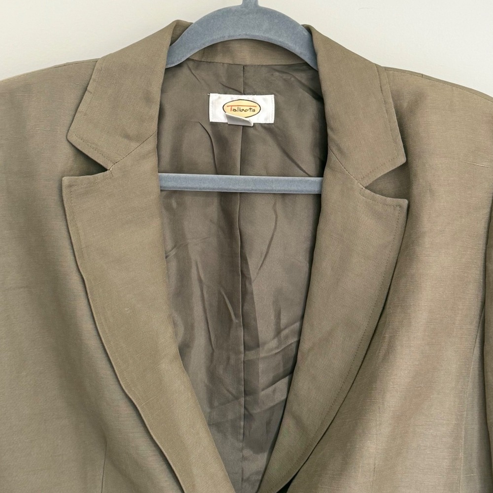 Vintage Talbots Linen Blend Taupe Brown Blazer Jacket Chore Pockets 1 Button 6 - Picture 3 of 11